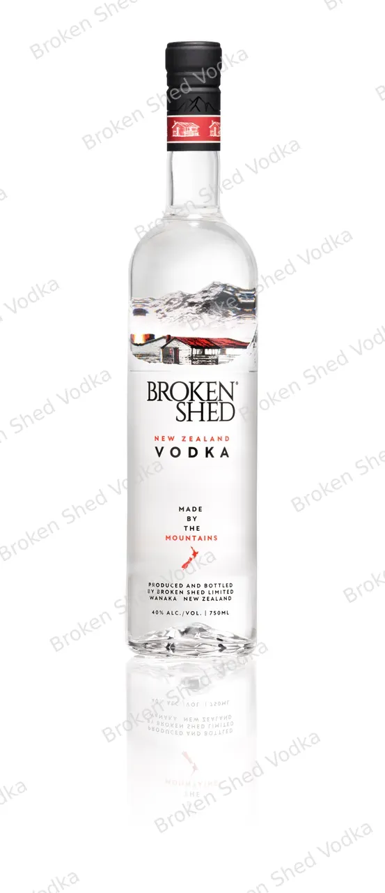 750ML Broken Shed Vodka, White Background, Reflection