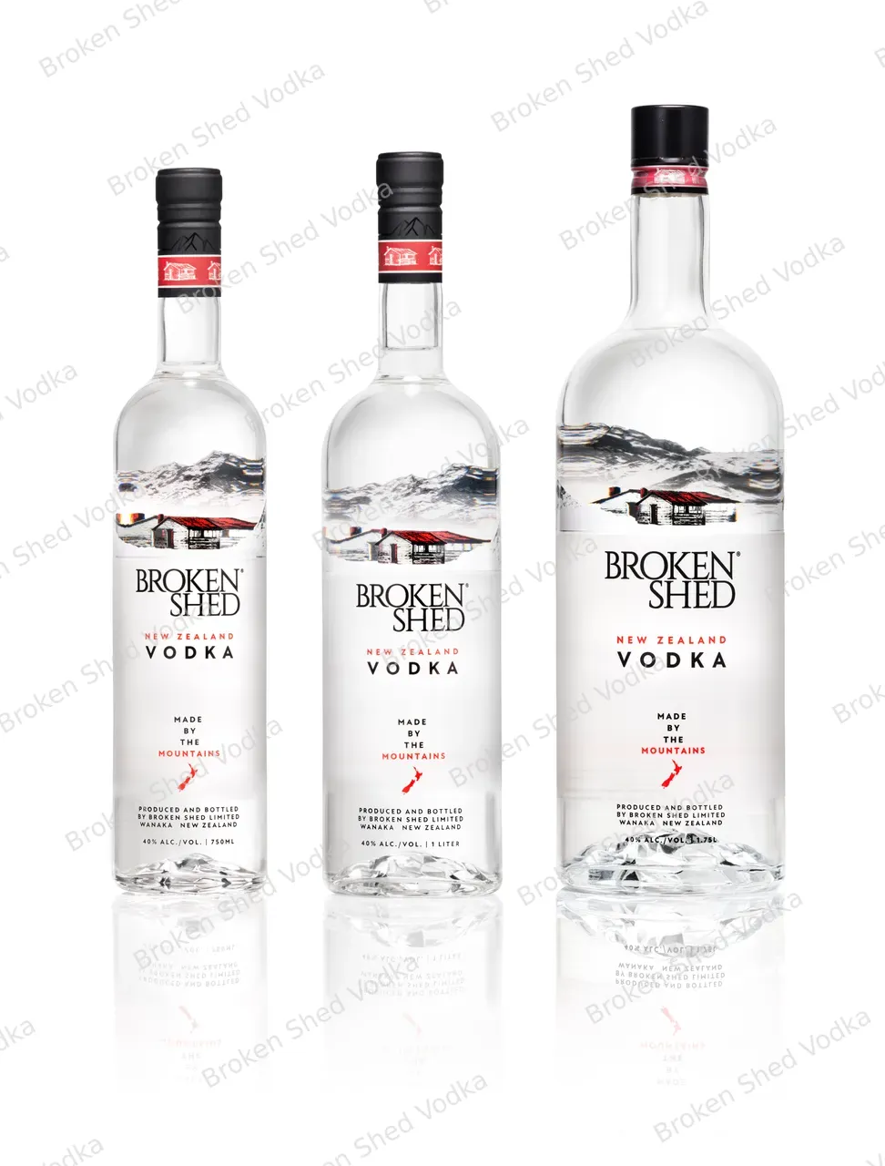 Broken Shed Vodka Group, White Background, Reflection