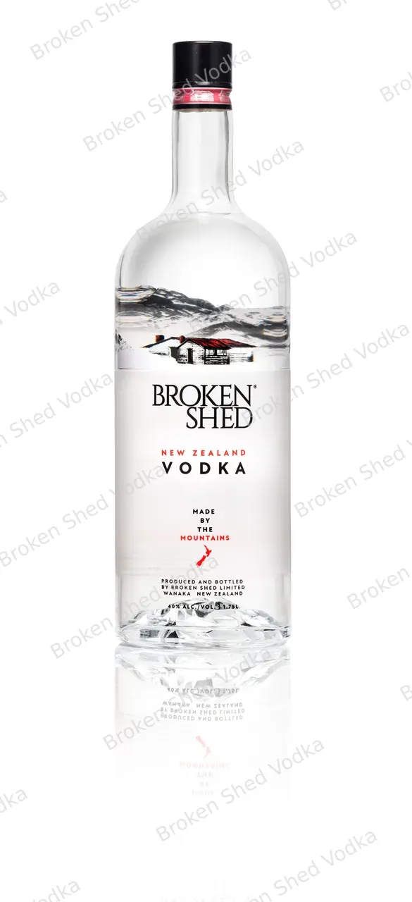 1.75L Broken Shed Vodka, White Background, Reflection