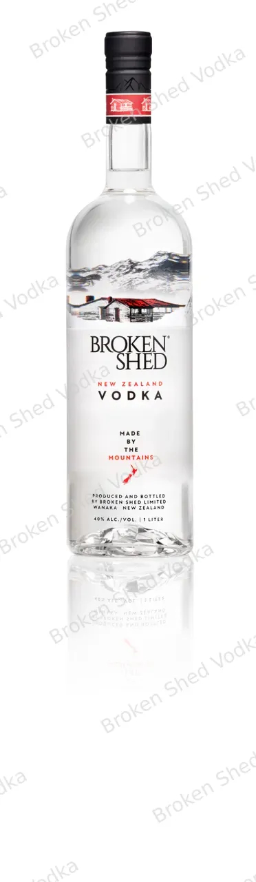 1L Broken Shed Vodka, White Background, Reflection