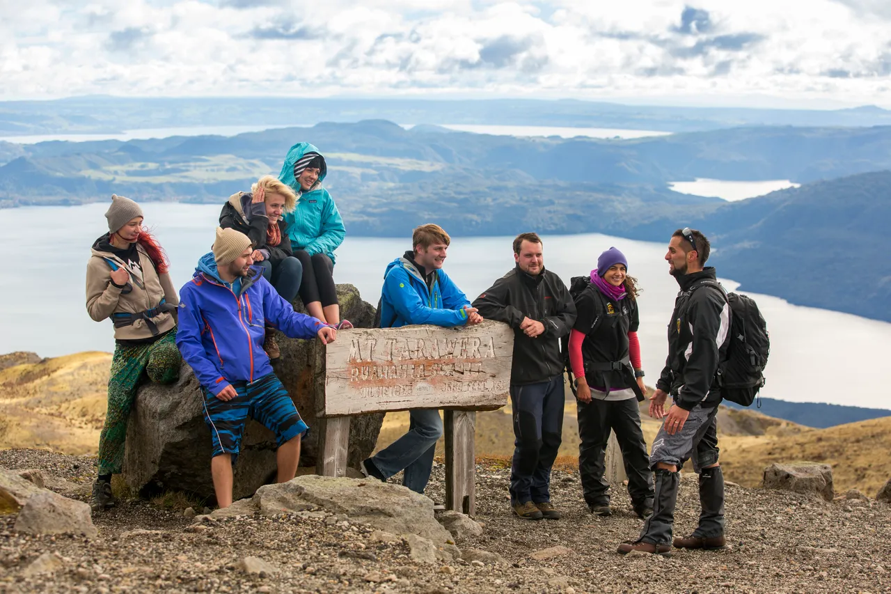 Kaitiaki Adventures_Mount Tarawera group at sign_credit Graeme Murray