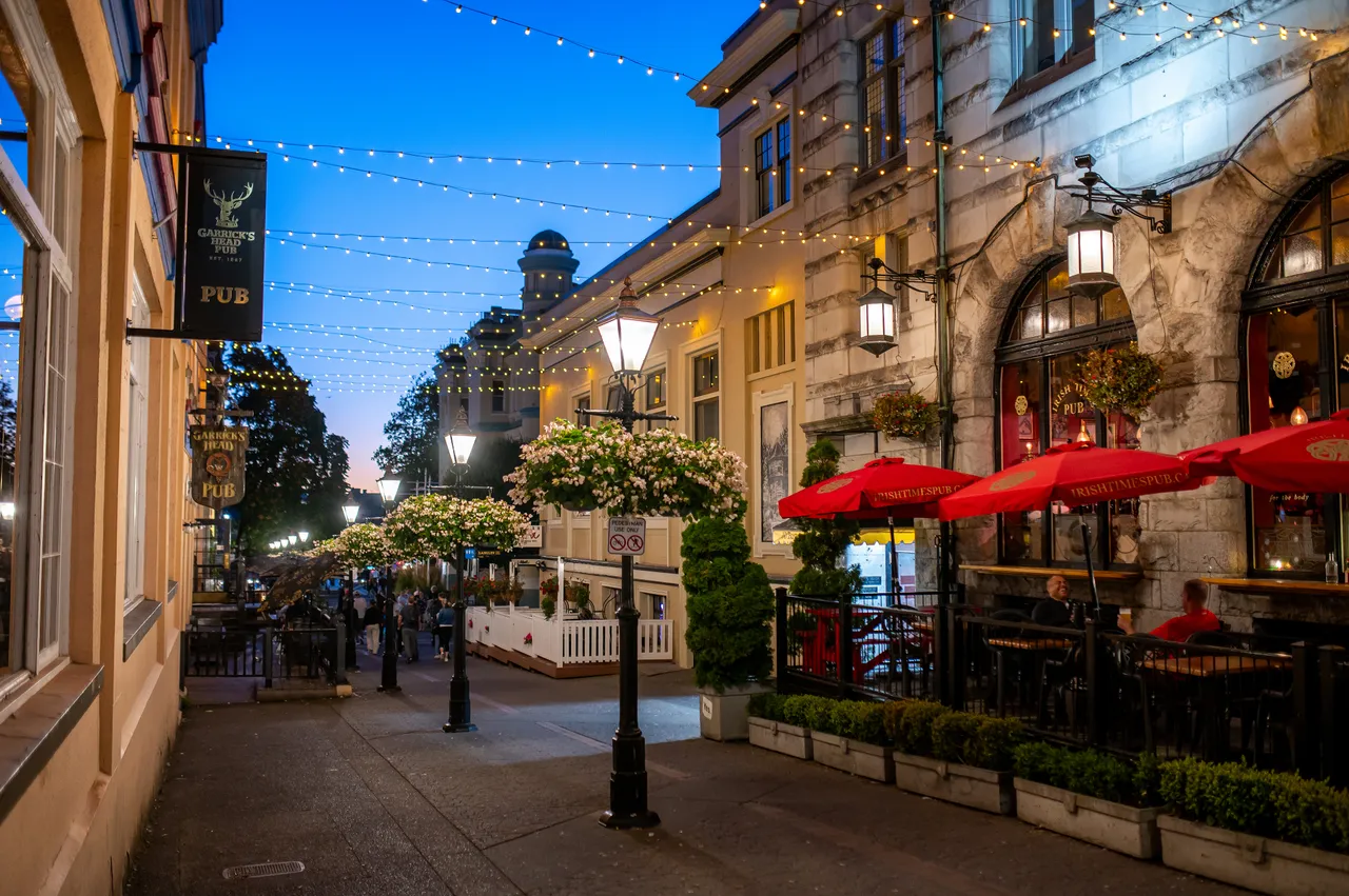 Bastion Square Under Glowing String Lights at Dusk, Victoria
