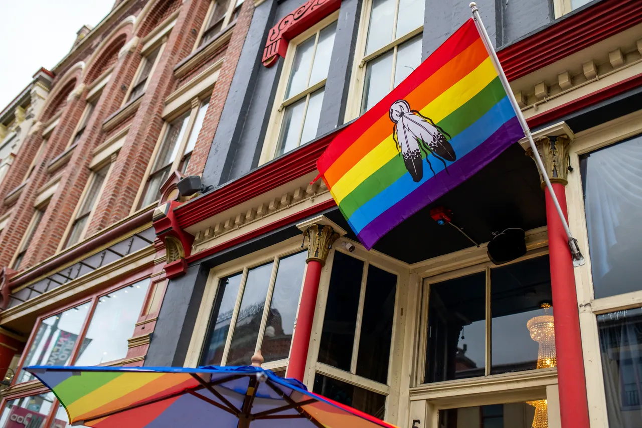 Outside of Friends of Dorothy Rainbow Pride Flags