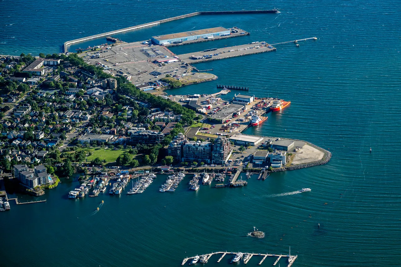 James Bay and Ogden Point Aerial with Ocean and Boats