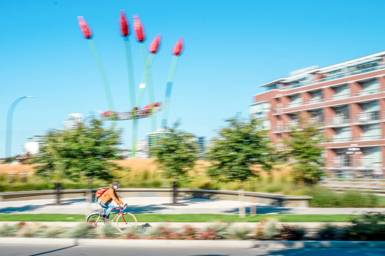 Cycling by tulip sculpture - 5 - Victoria