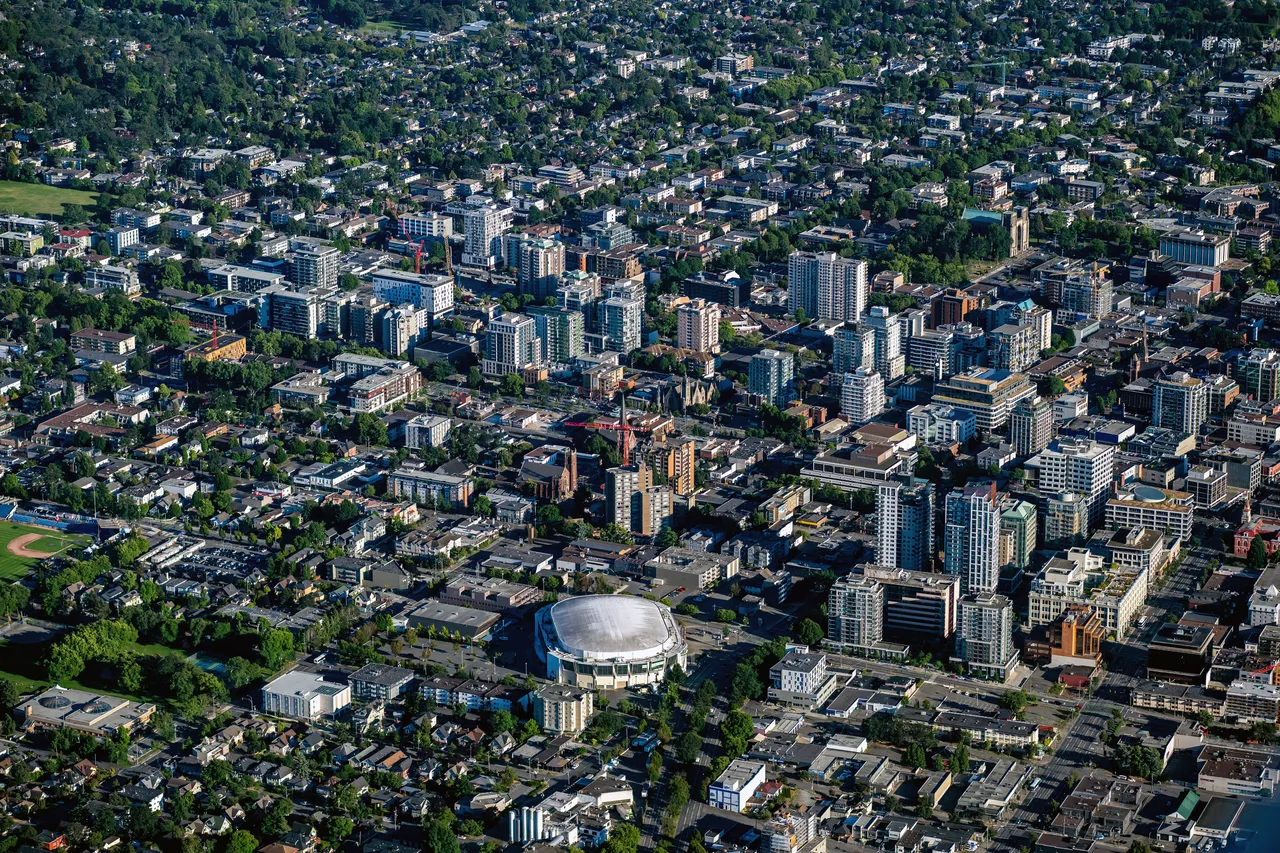 Aerial of Downtown Buildings and Stadium
