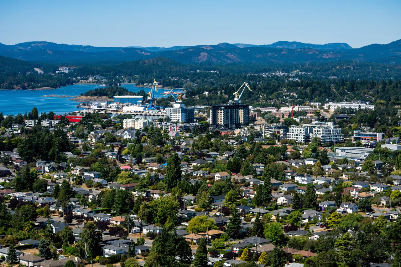 Aerial Photo of Victoria and Vic West Area with Trees and Buildings on Summer Day