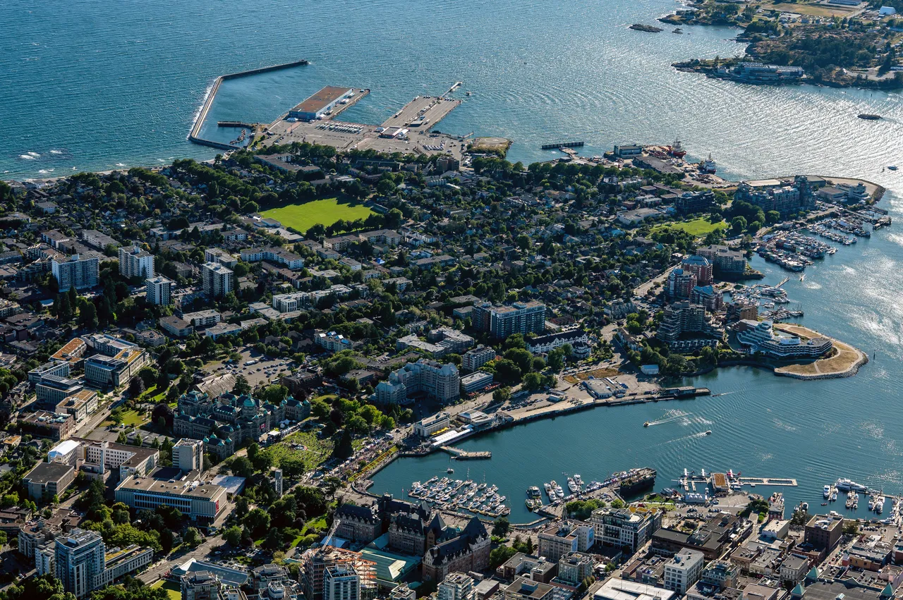 James Bay Aerial with Ocean and Downtown Buildings