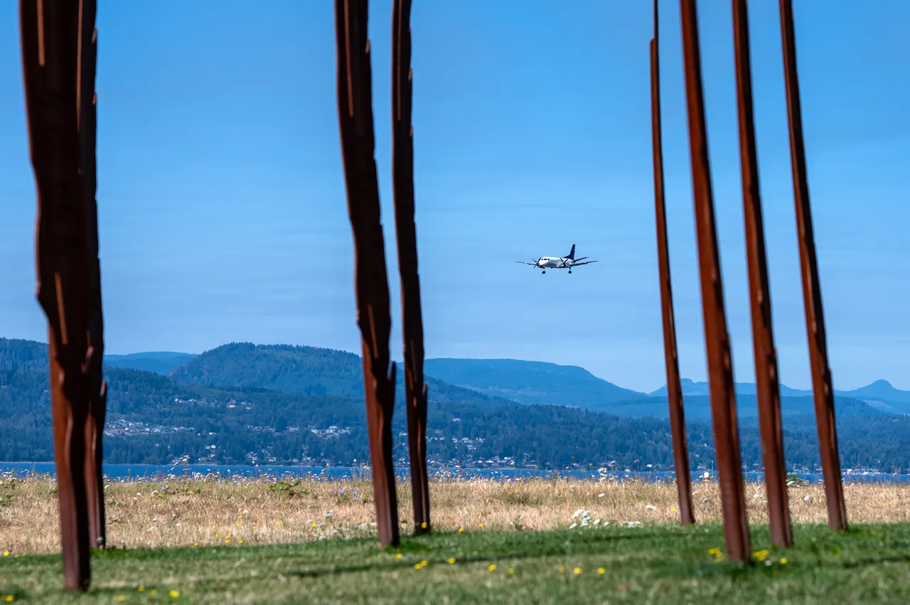 Airplane Landing Near Art Structure