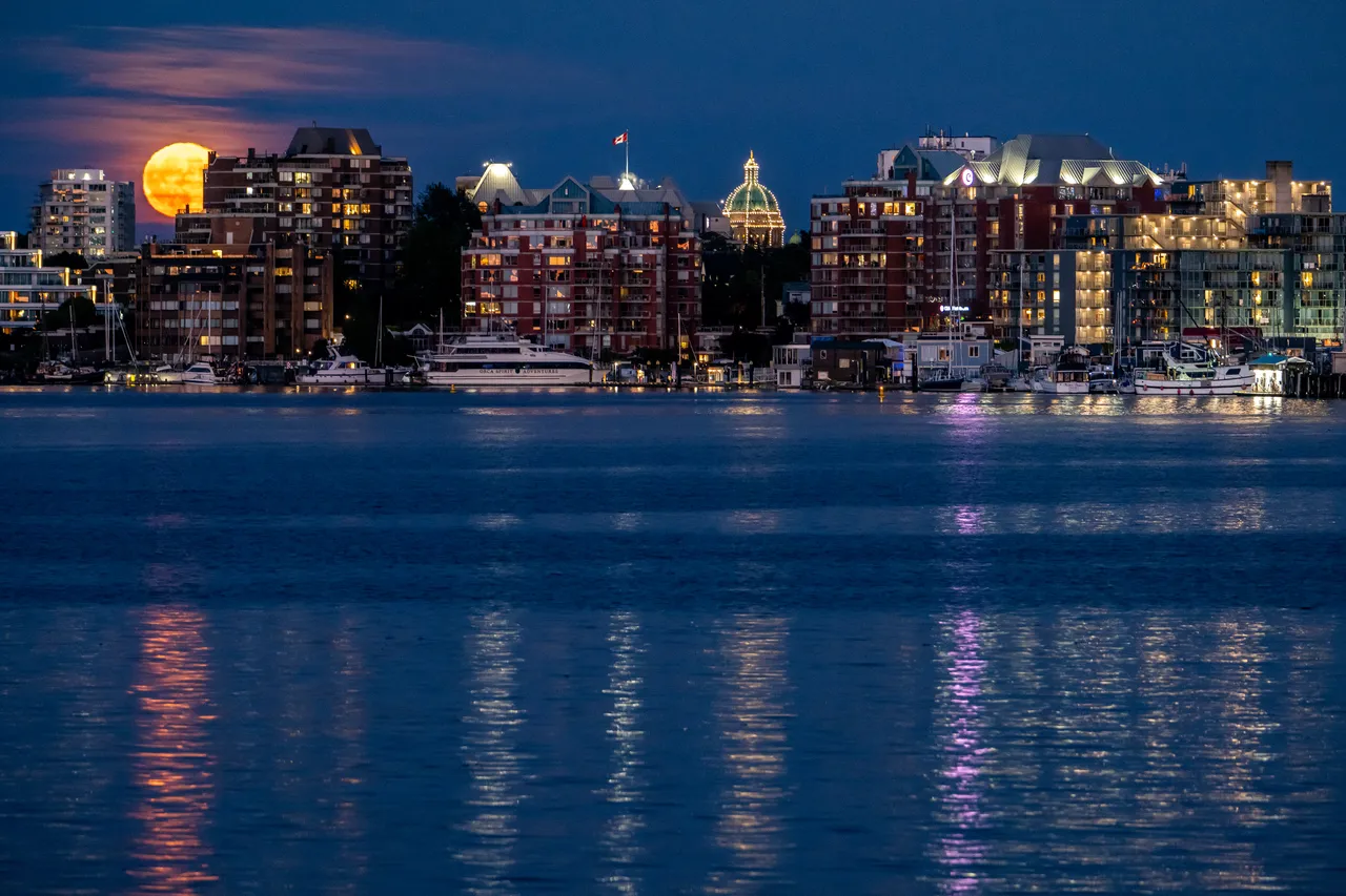 Downtown Victoria Harbour at Night with Moon, Water and City Buildings