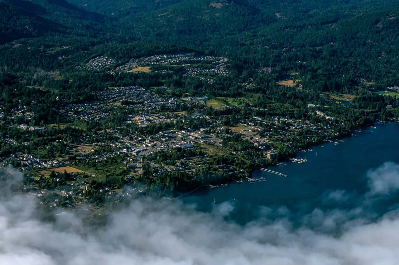 Sooke Aerial with Large Forests and Clouds