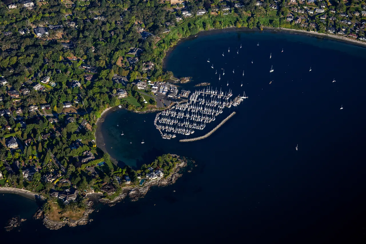 Aerial Photo of Oak Bay Marina during Summer with Boats