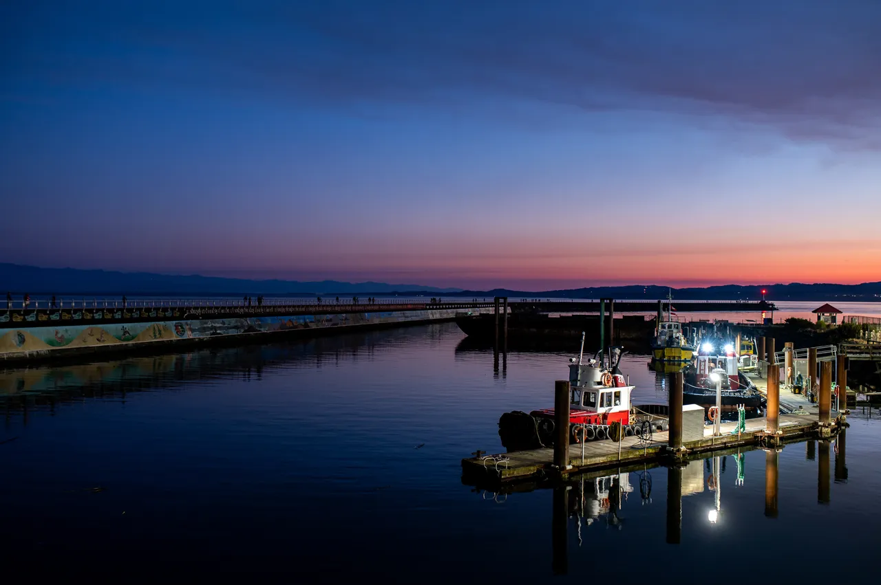 Boats at Ogden Point at Night Overlooking Breakwater