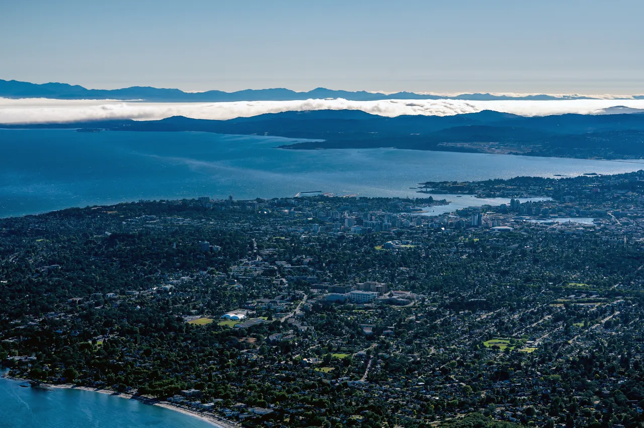 Oak Bay Aerial with Clouds, Ocean and Trees