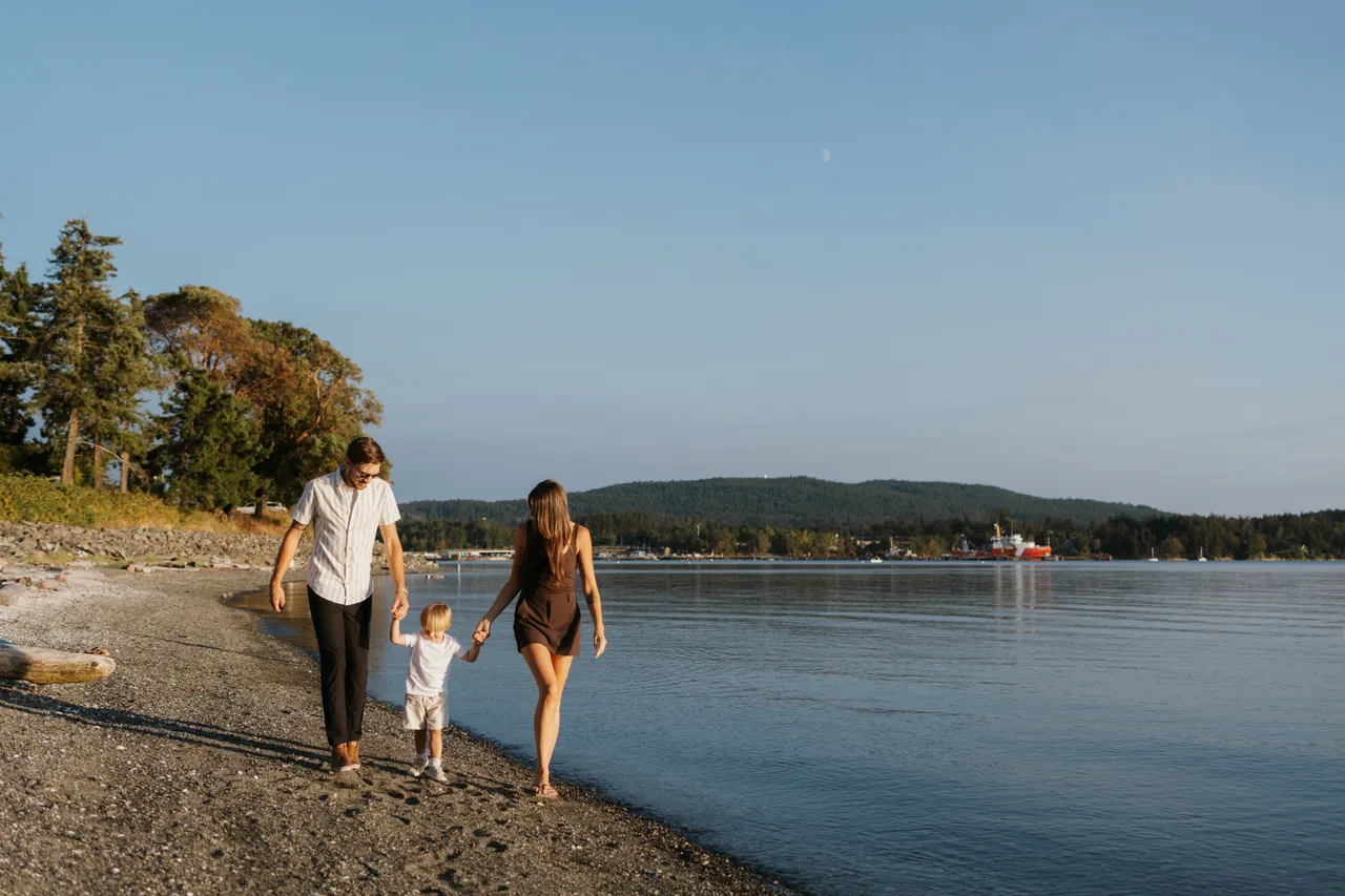 Family at the water’s edge on sunny day