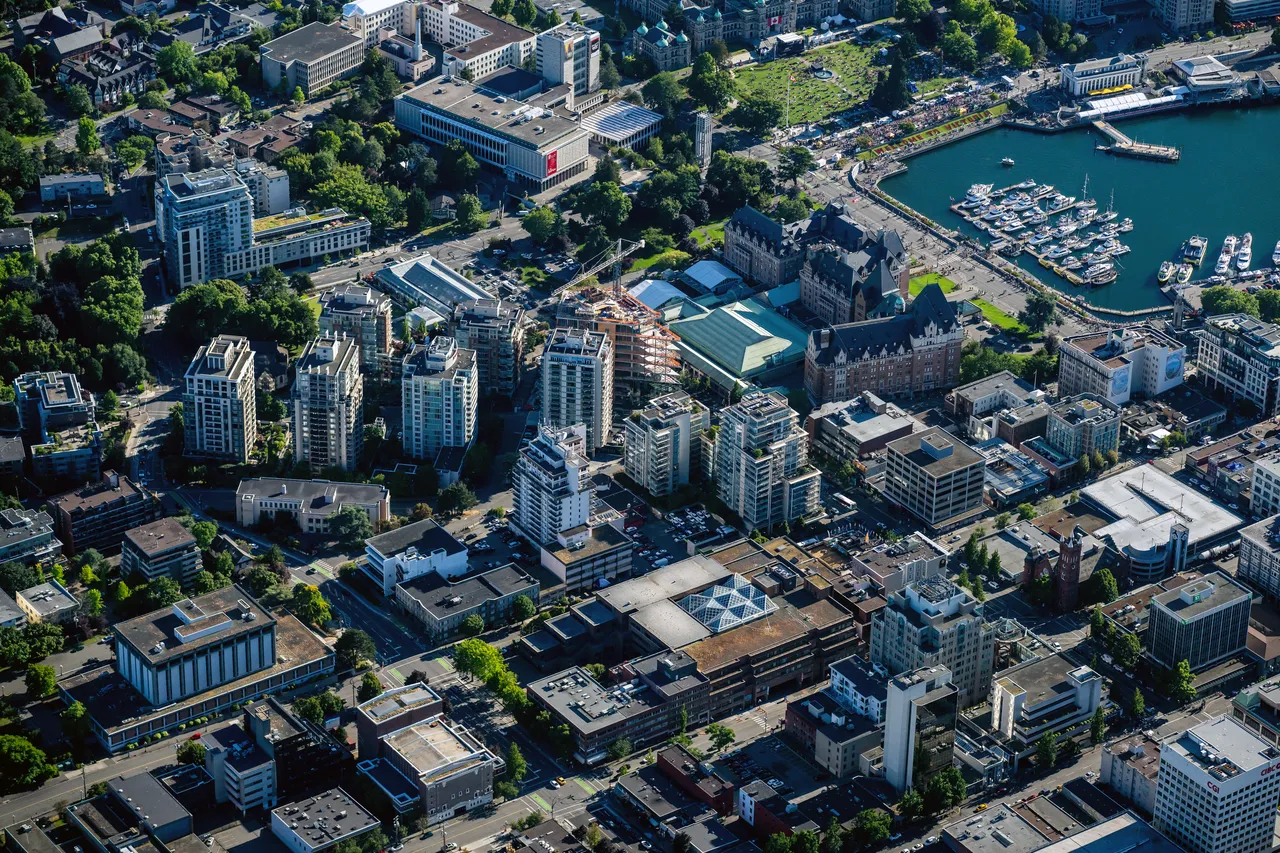 Downtown Aerial with Tall Buildings and Harbour