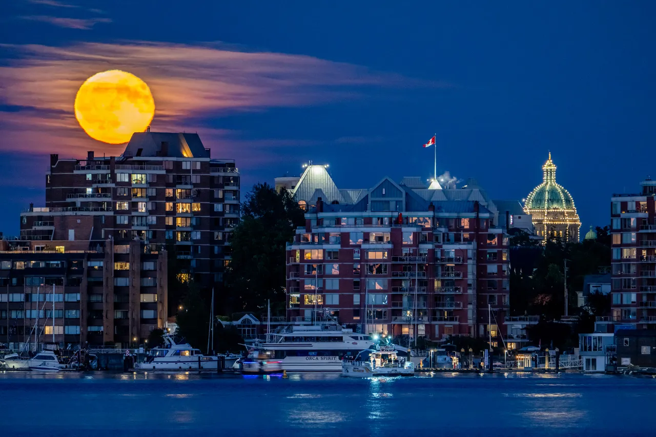 Downtown Victoria Harbour with Moon Rising over Apartment Buildings and Boats