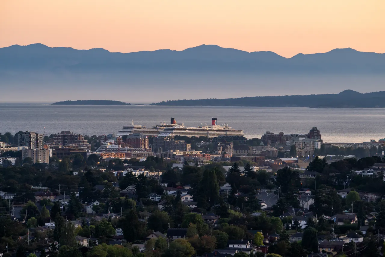 Downtown Victoria Over Looking Mountains and Cruiseship on Water