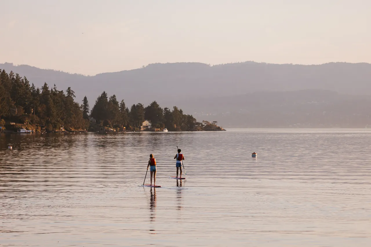 Evening paddleboarders on calm coastal waters with mountains in background