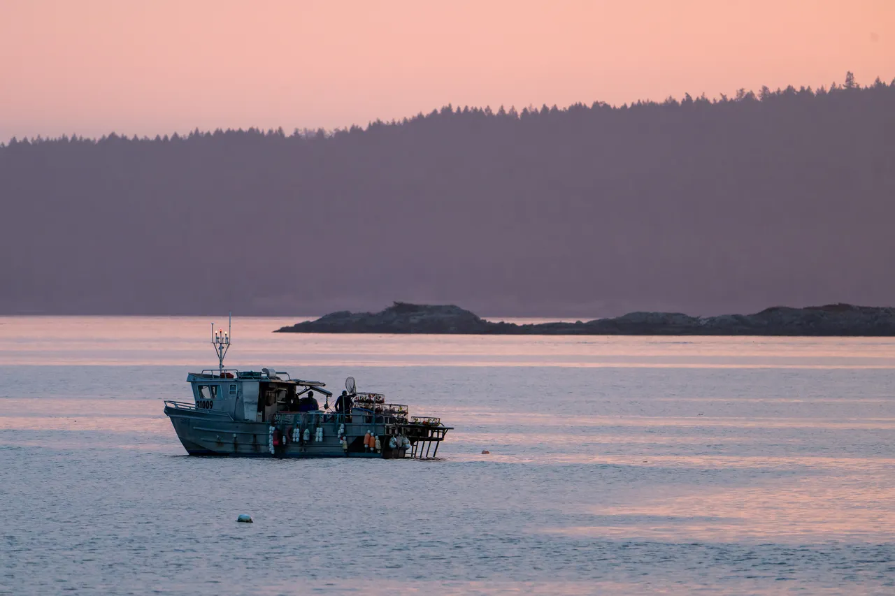 Fishing Boat Drifts on Calm Pastel Waters at Dawn
