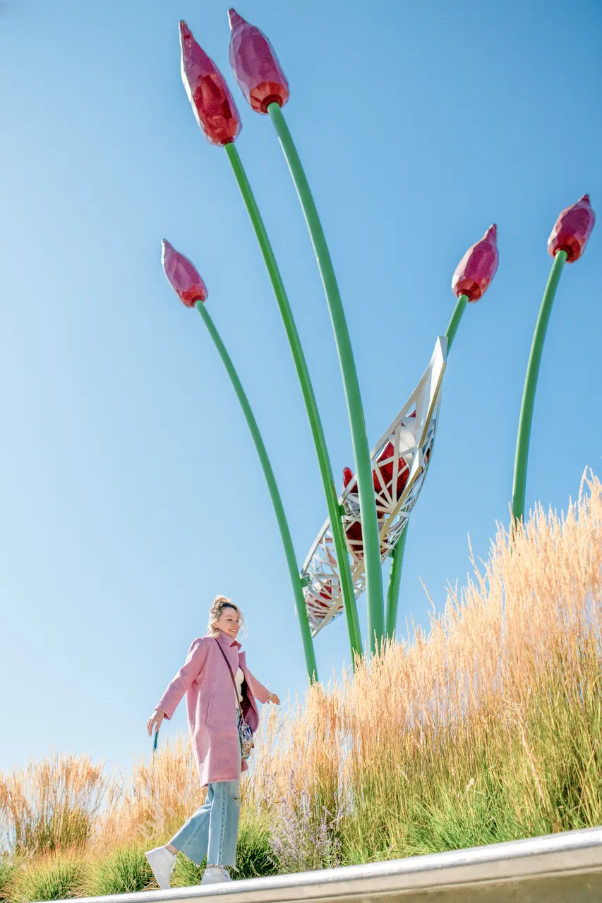 Woman walking next to tulip sculpture - 1 - Victoria