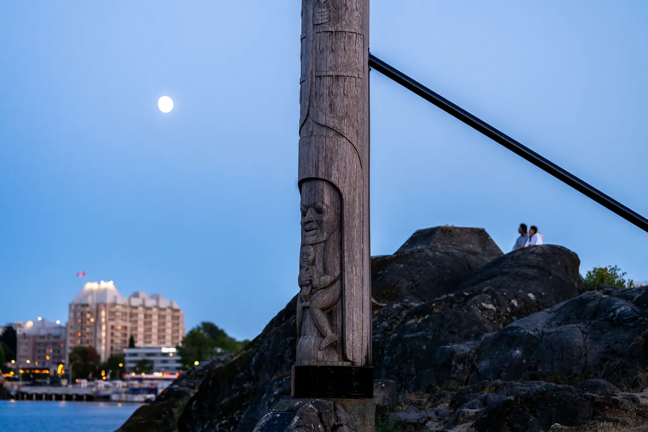 Totem Pole at Night with Moon and Sky in Background