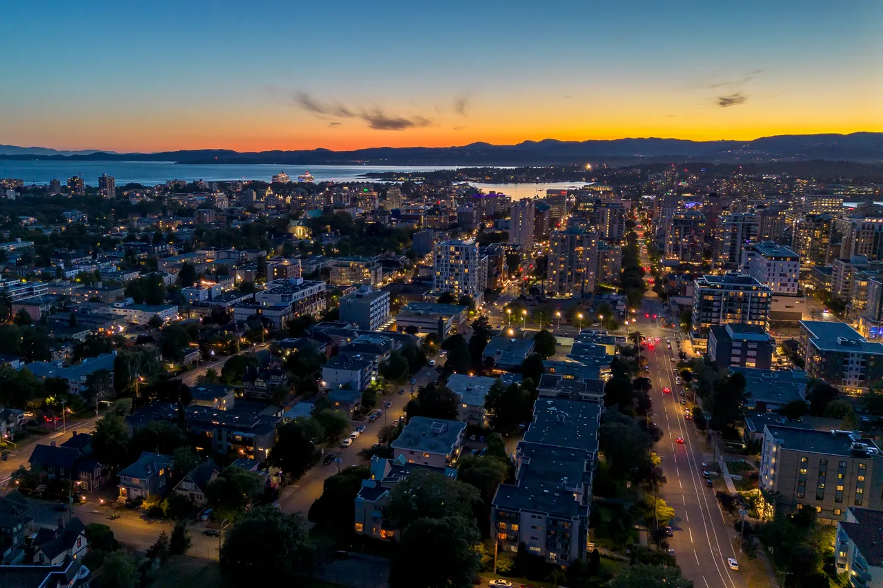 Aerial Downtown Photo at Night with Skyline and Buildings