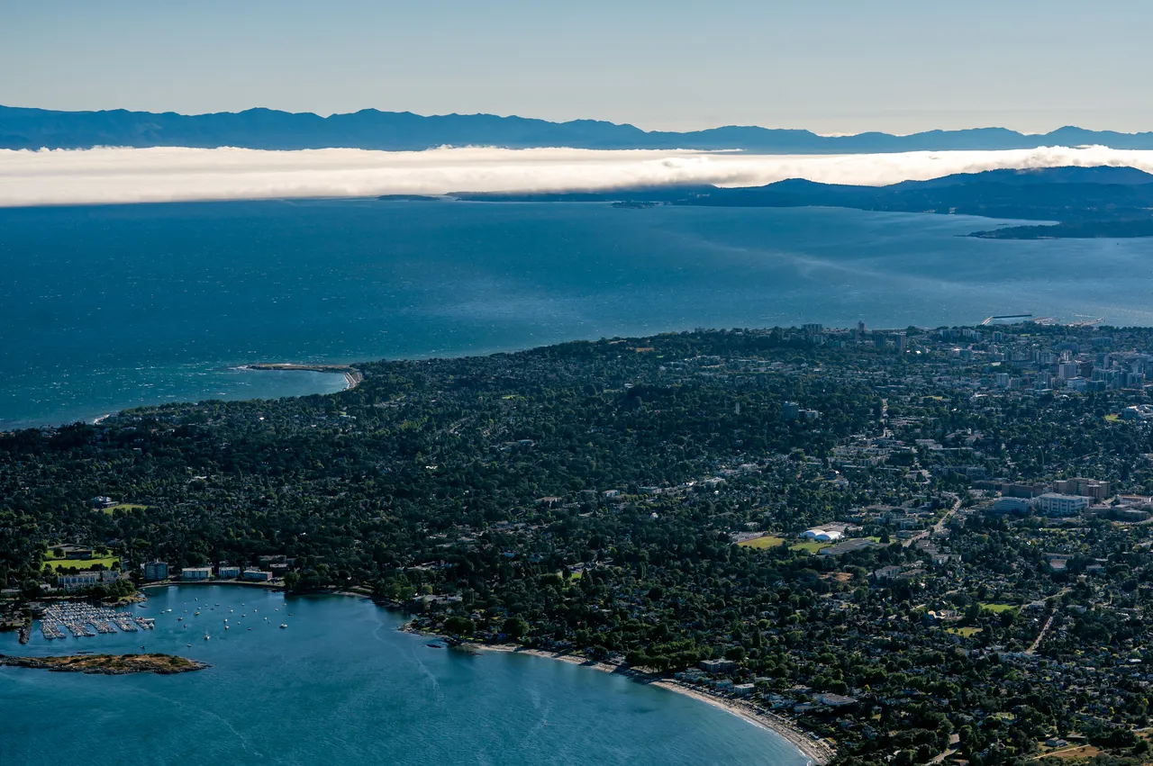 Oak Bay Aerial with Clouds, Ocean and Trees