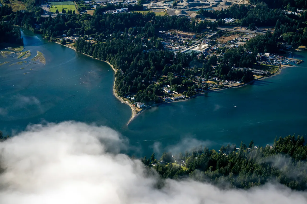 Sooke Aerial with Clouds, Ocean and Trees