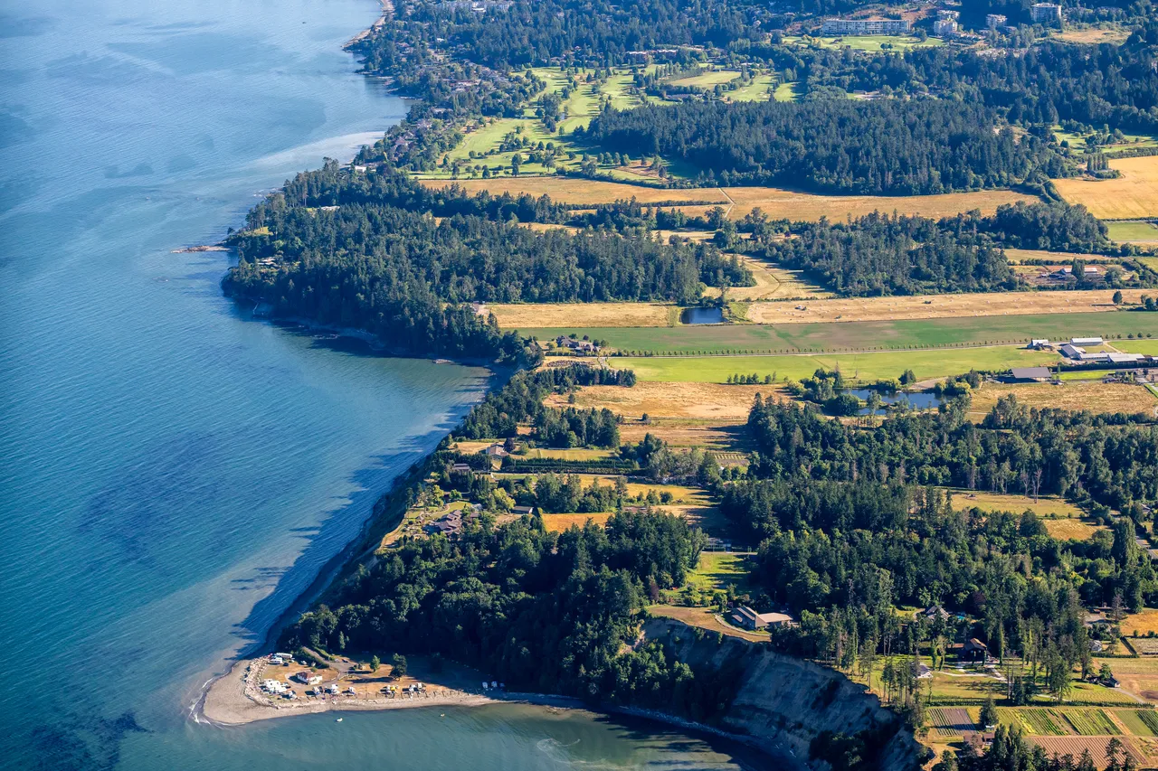 Saanich looking South with Shoreline, Farmland and Trees
