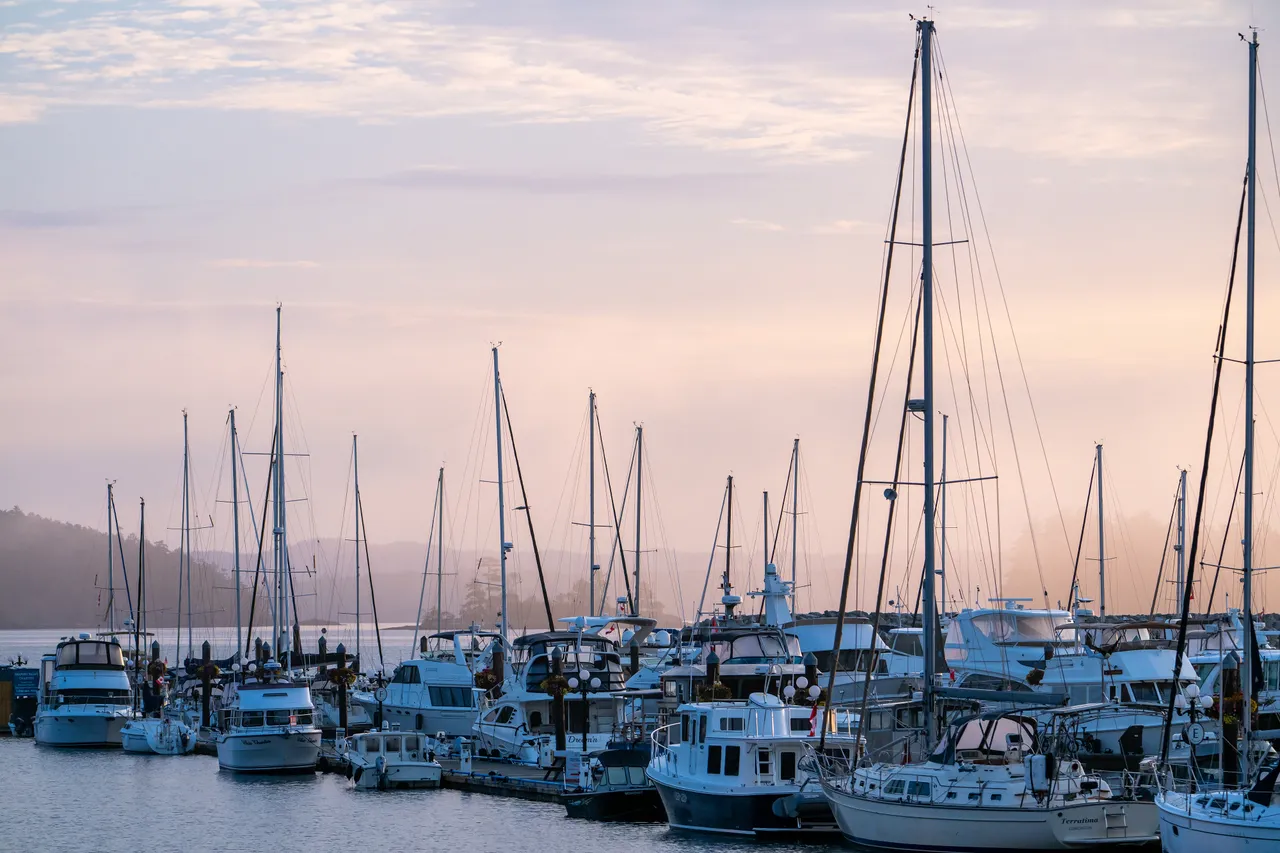 Moored Sailboats and Yachts in a Quiet Marina at Soft Pastel Dawn
