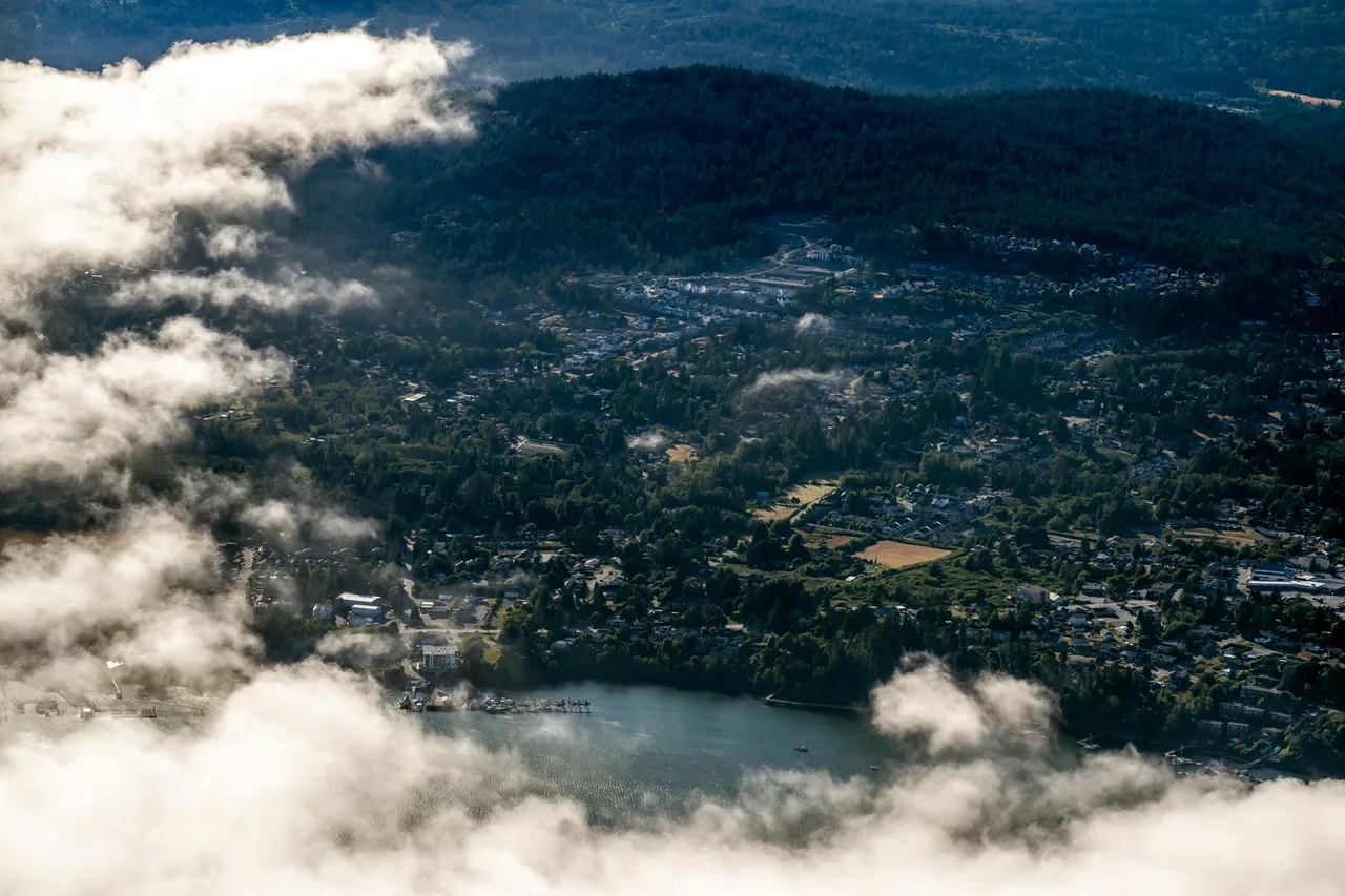 Sooke Aerial with Trees and Clouds