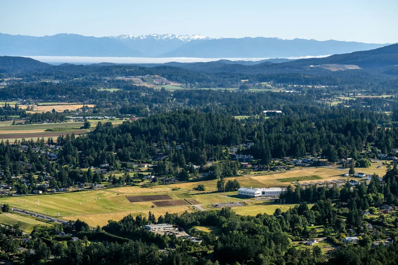 Saanich looking South Aerial with Farmland and Mountains