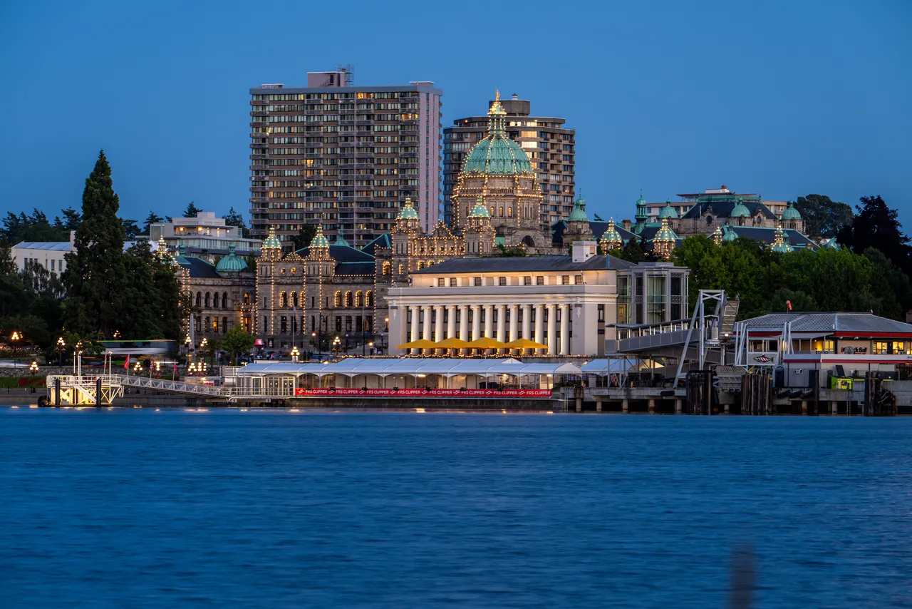 Parliament Building at Night with Ocean and Bright Lights