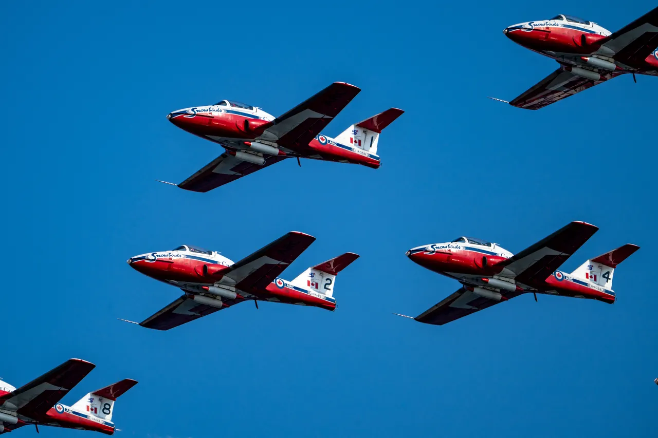 Canadian Snowbirds Jets in Tight Formation Against Blue Sky