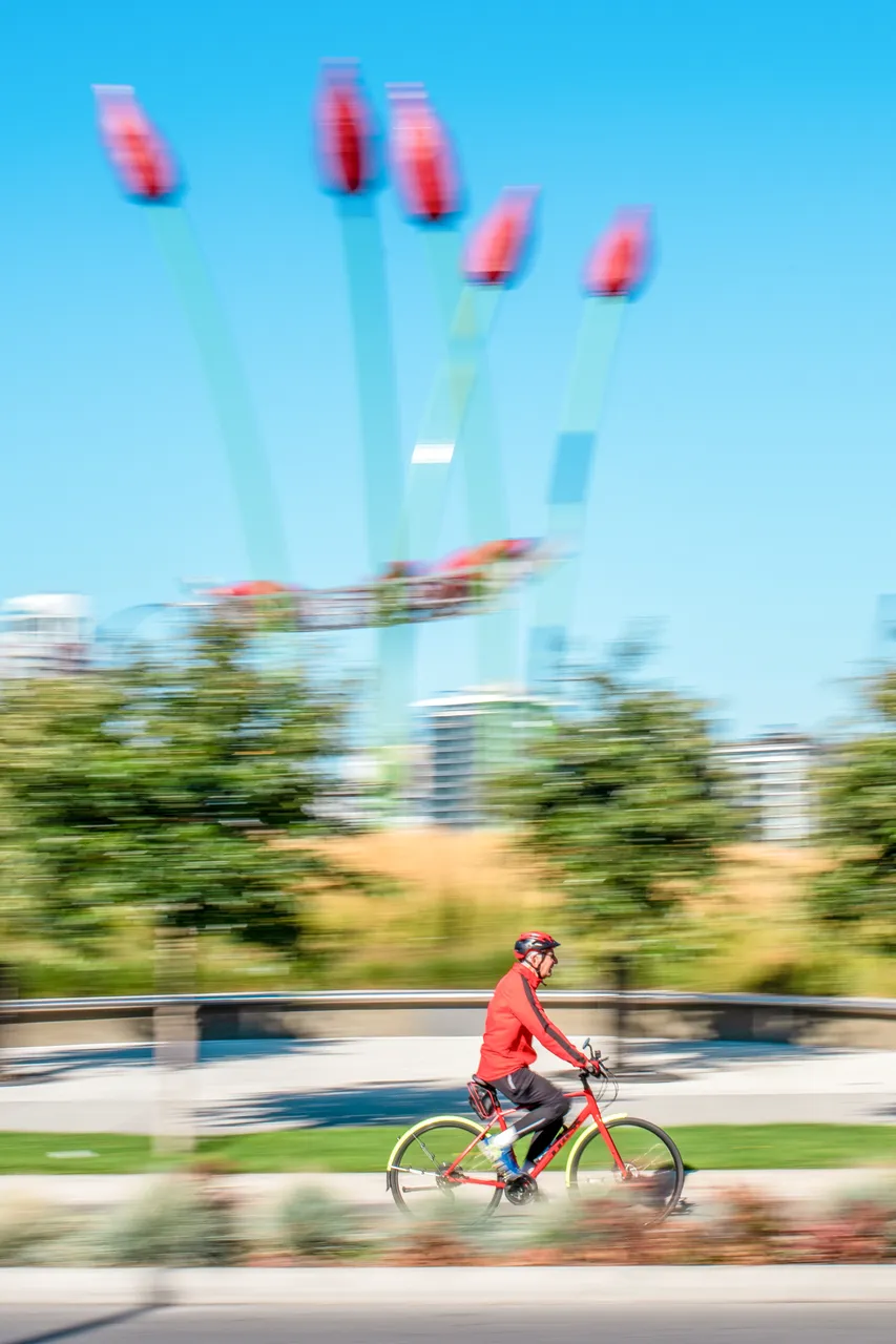 Cycling by tulip sculpture - 1 - Victoria