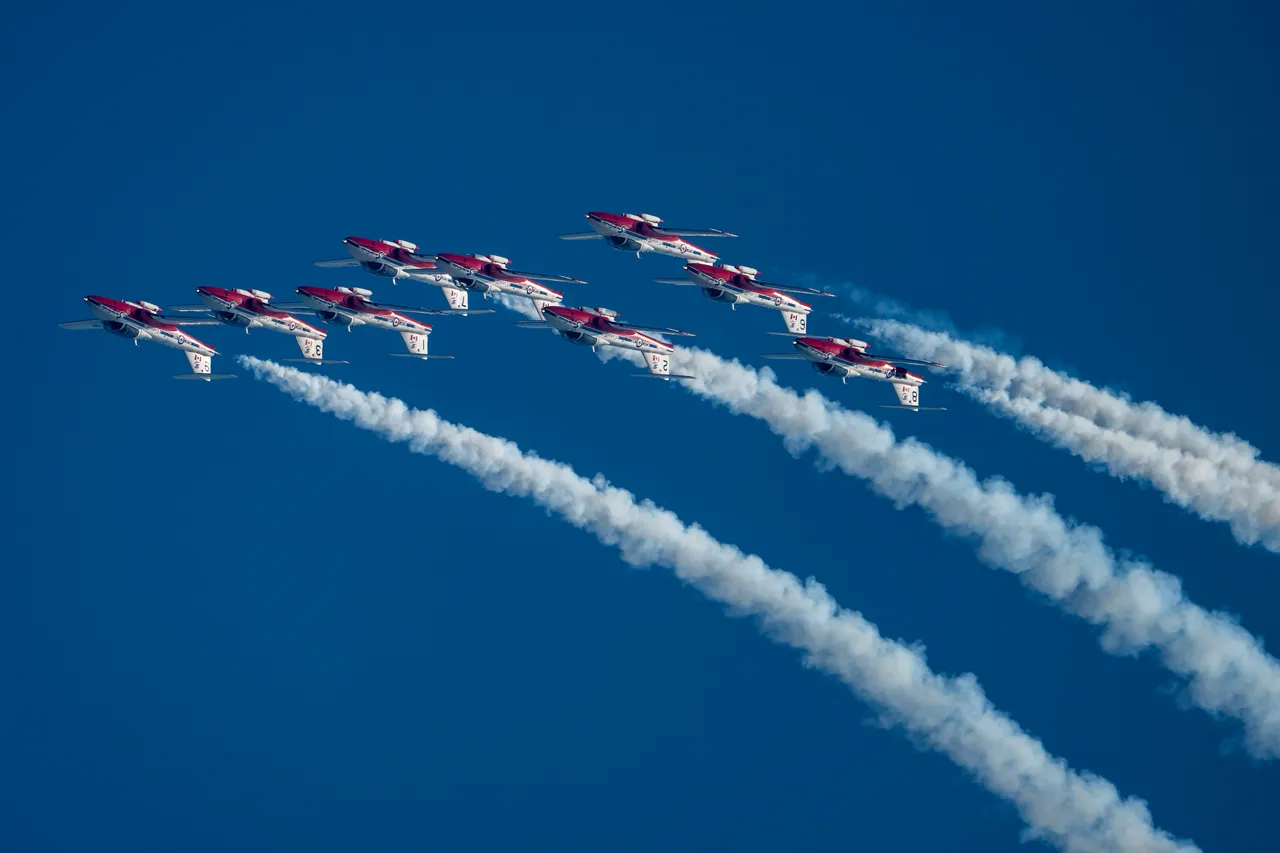 Snowbirds Jets Rolling Inverted with White Smoke Trails