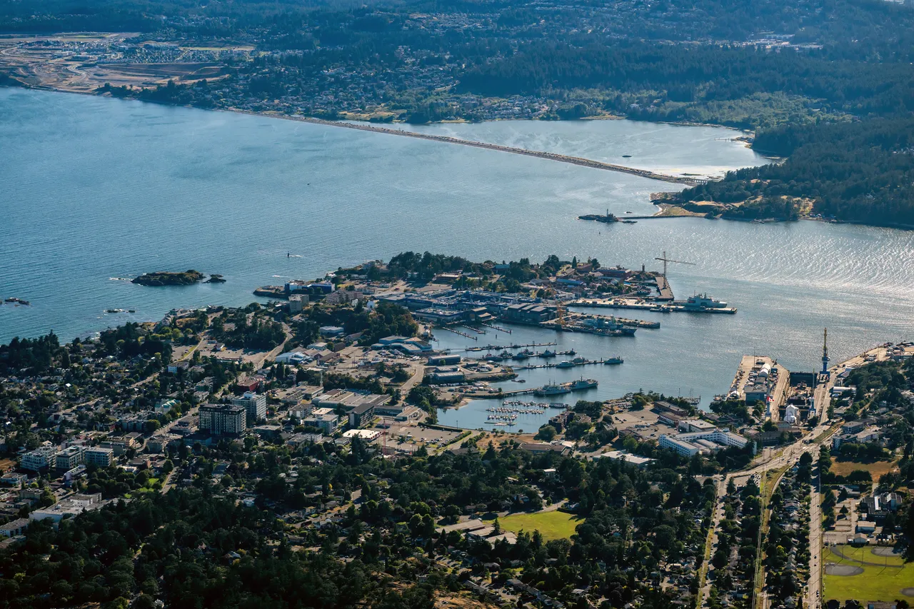 Navy Base Aerial with Ocean, Trees and Boats