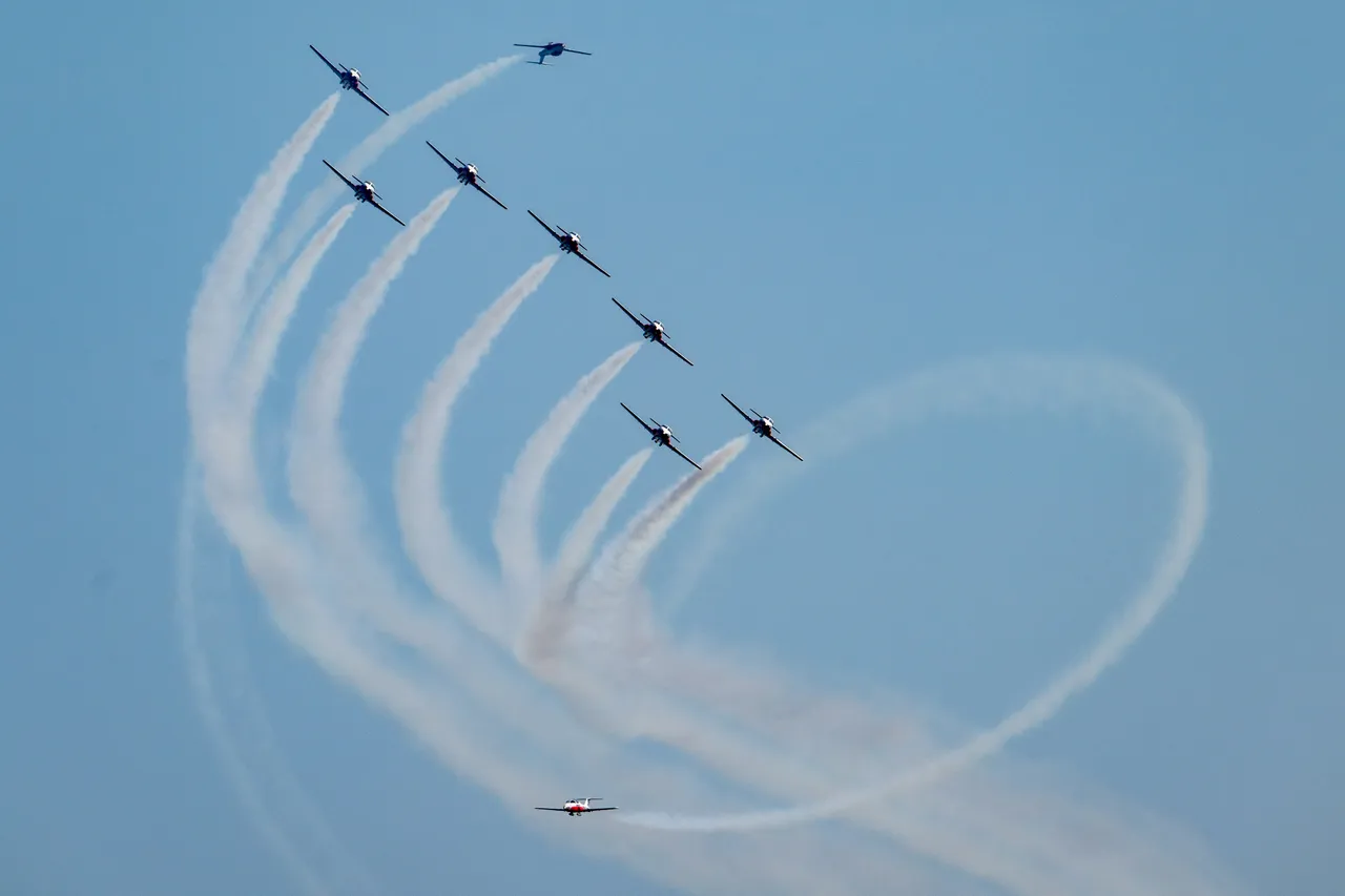 Snowbirds Formation Drawing Looping Smoke Trails in the Sky