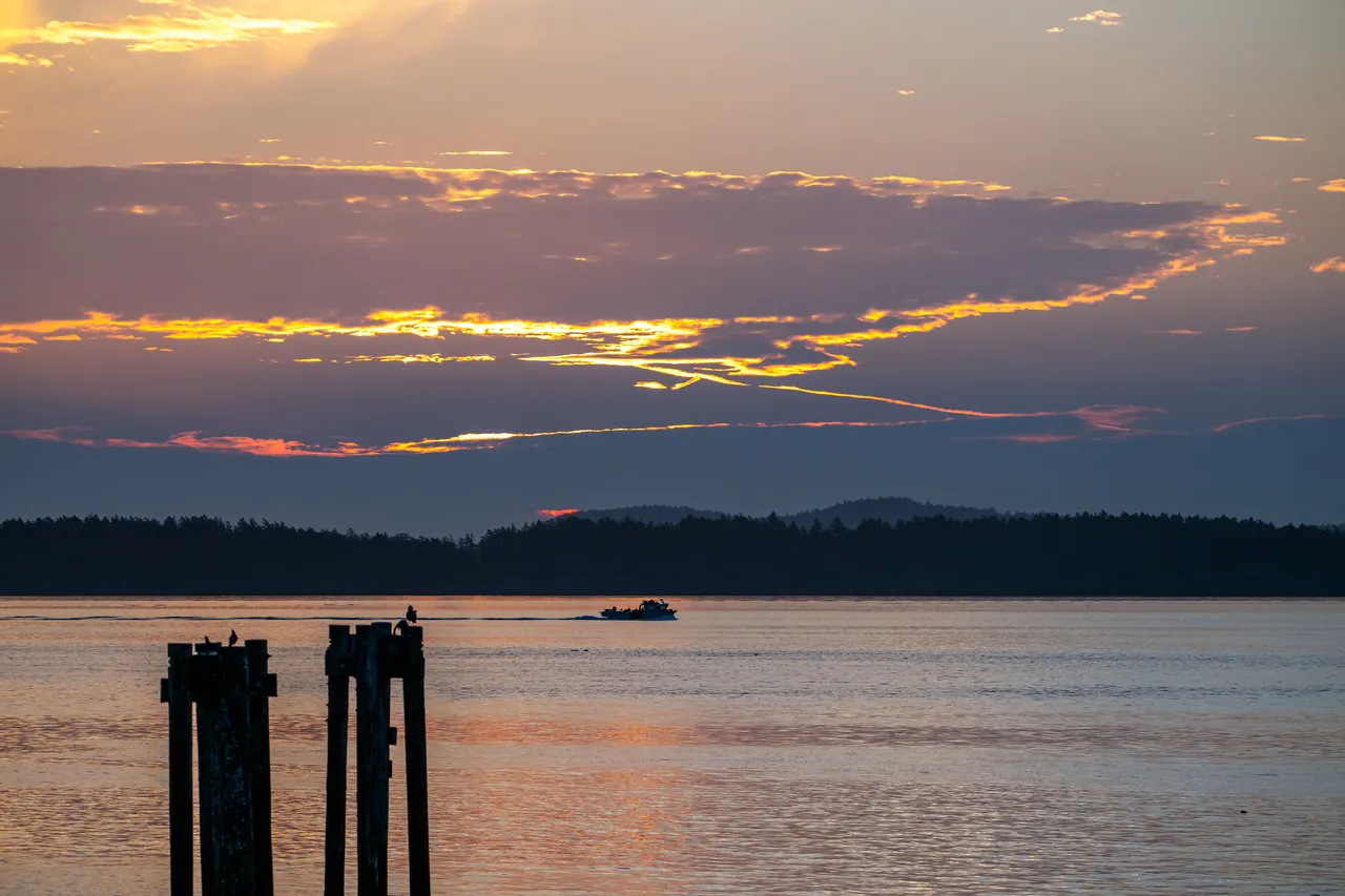 Weathered pilings and distant hills under streaks of orange cloud at sunrise