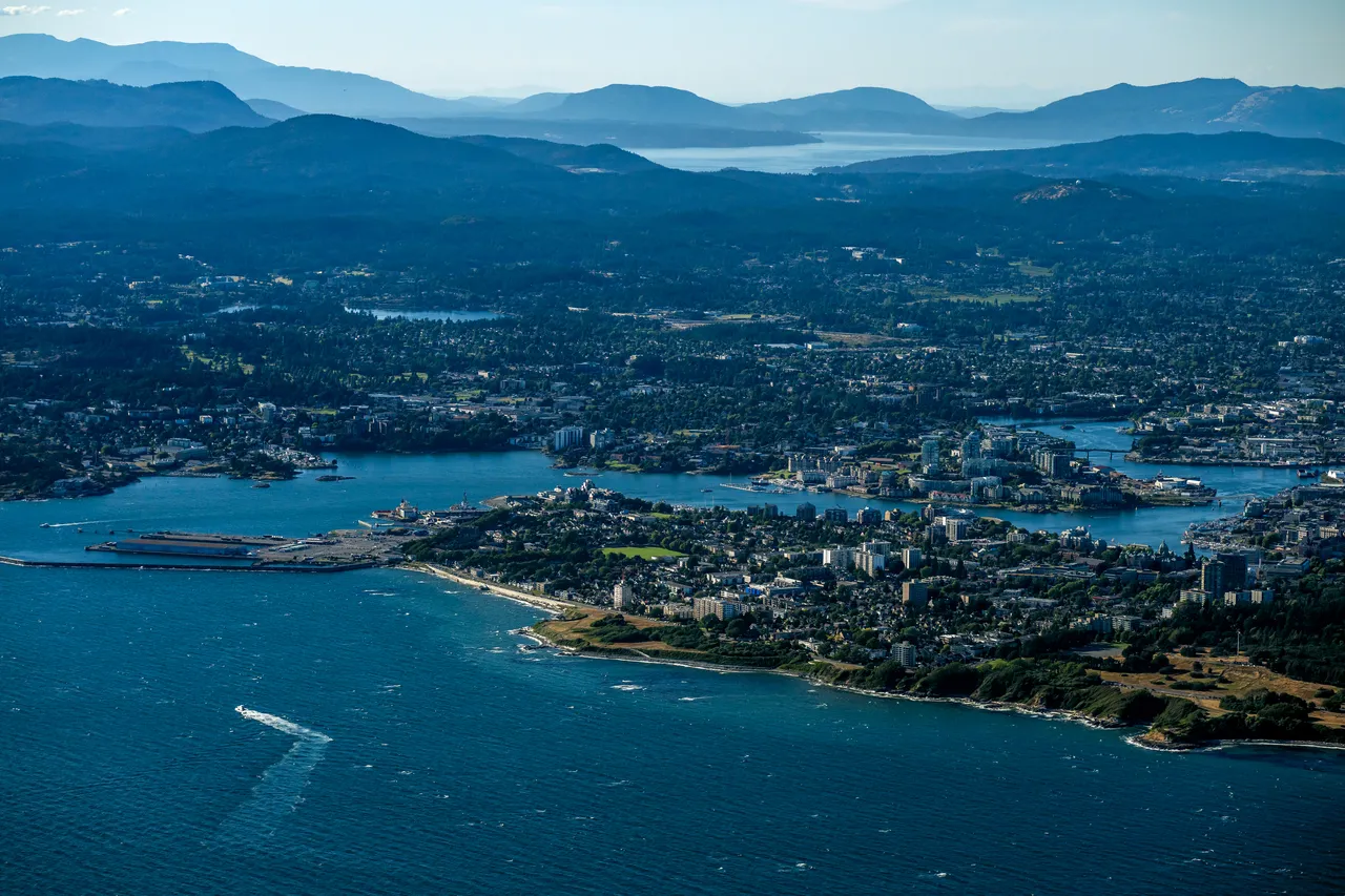 Downtown Aerial with Ocean and Mountains