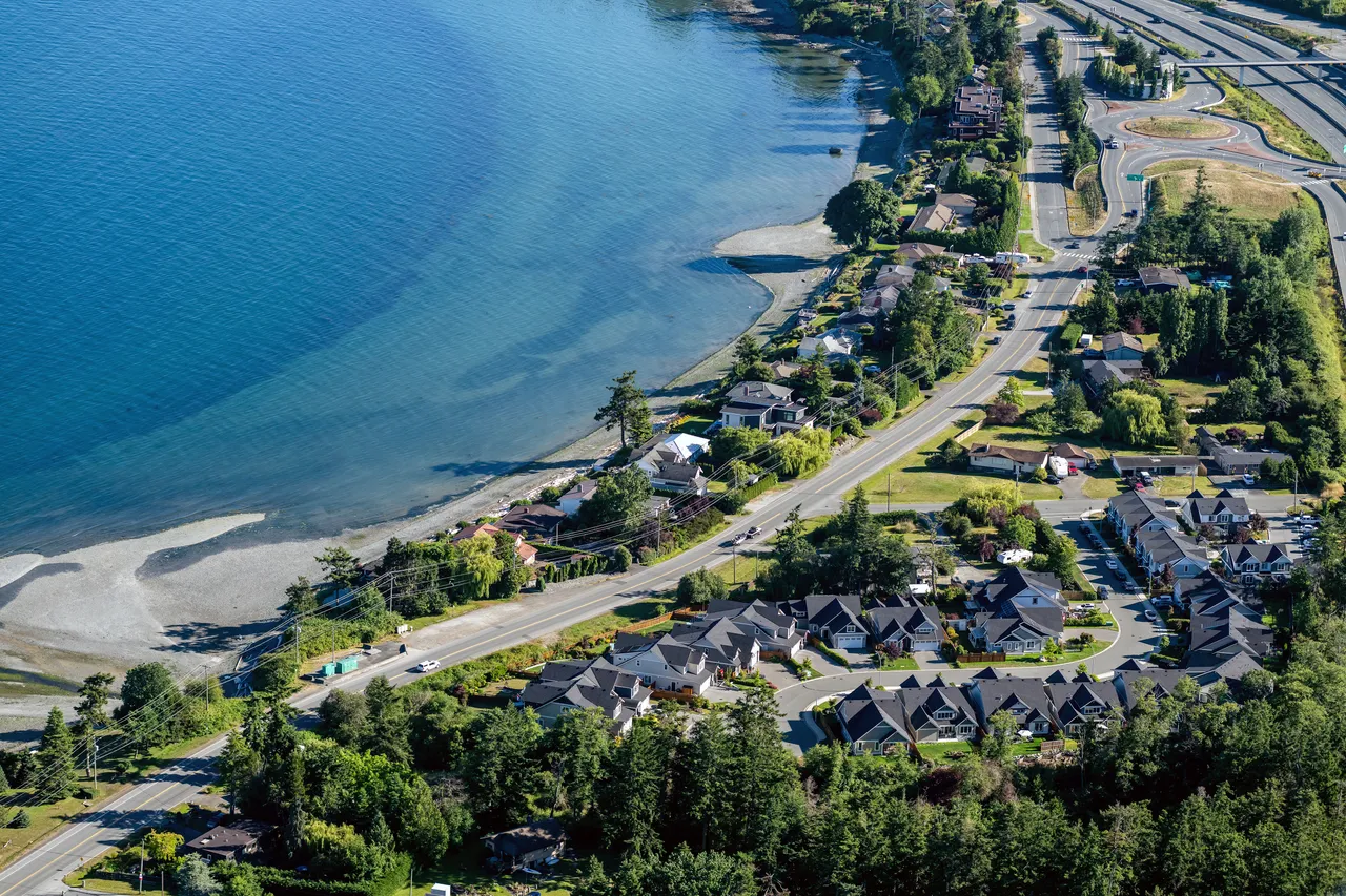 Sidney Looking South Aerial with Roads, Ocean and Homes