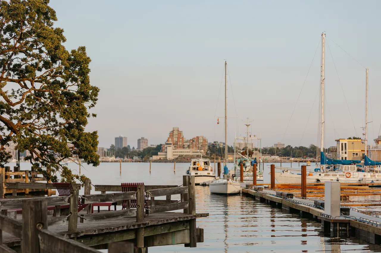 Calm summer morning over the quiet harbour waters with city in backdrop