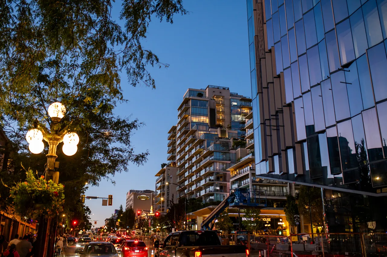 Downtown Victoria Street at Blue Hour with Modern Towers